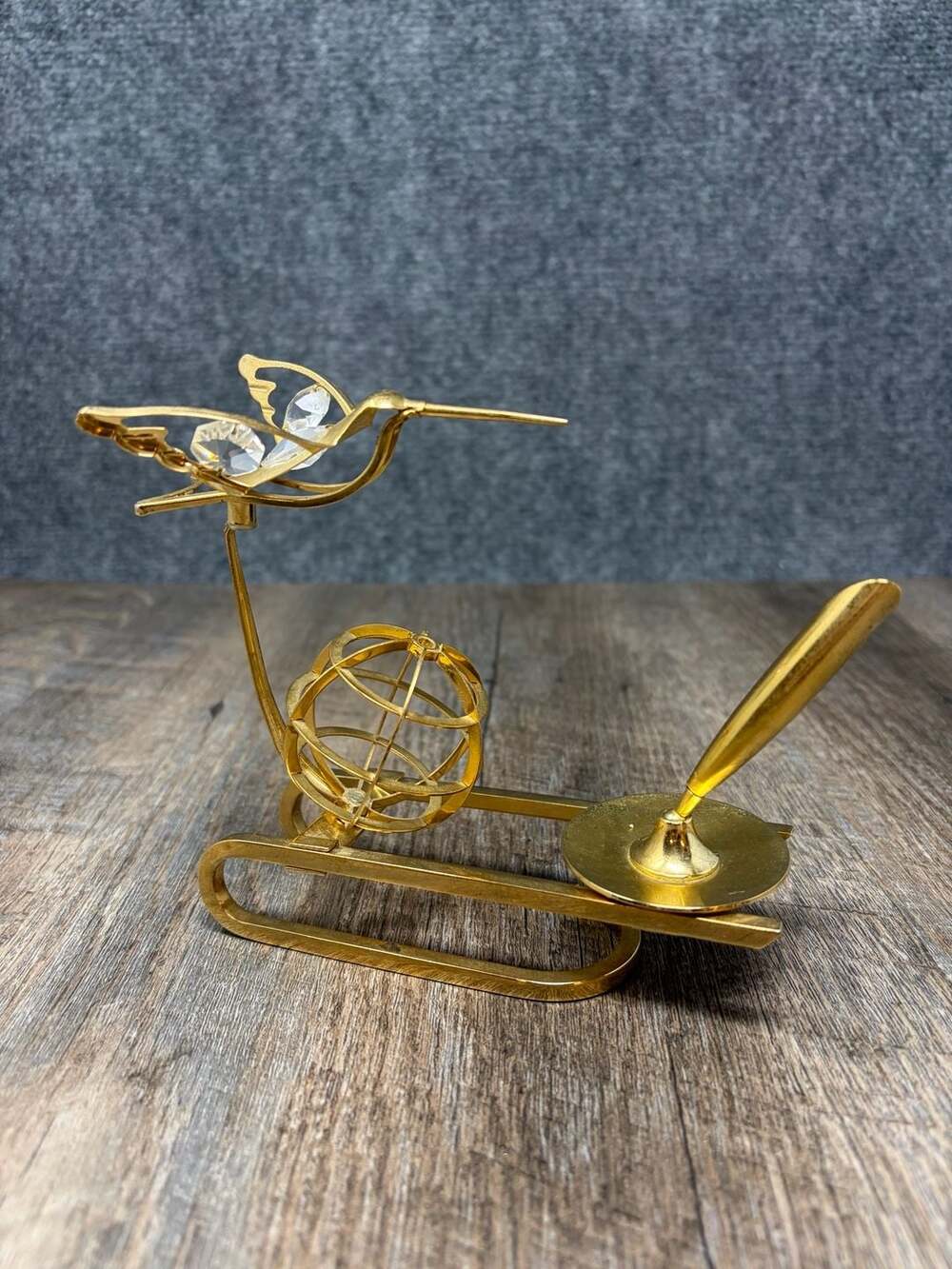 Vintage 5” Gold Colored Metal Pen Stand with Armillary Sphere and Crystal bird